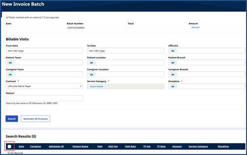 Search Results New Invoice Batch